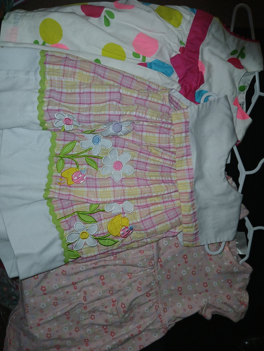 3 Girls Dresses. Floral Plaid Appliqué Dress, Pink W/flowers & White w/dots